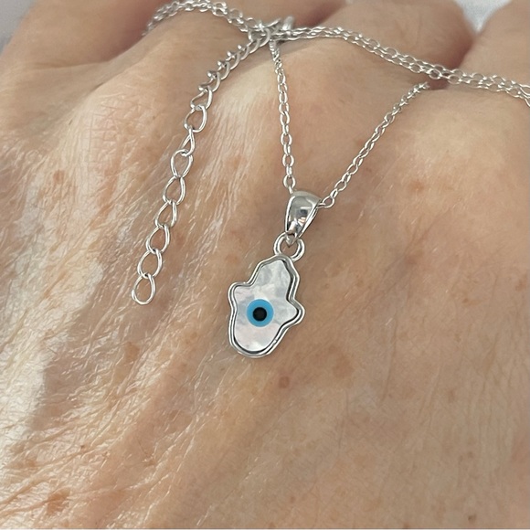 Sterling Silver Mother of Pearl Blue Evil Eye Hamsa Necklace, Silver Necklace - Picture 11 of 11